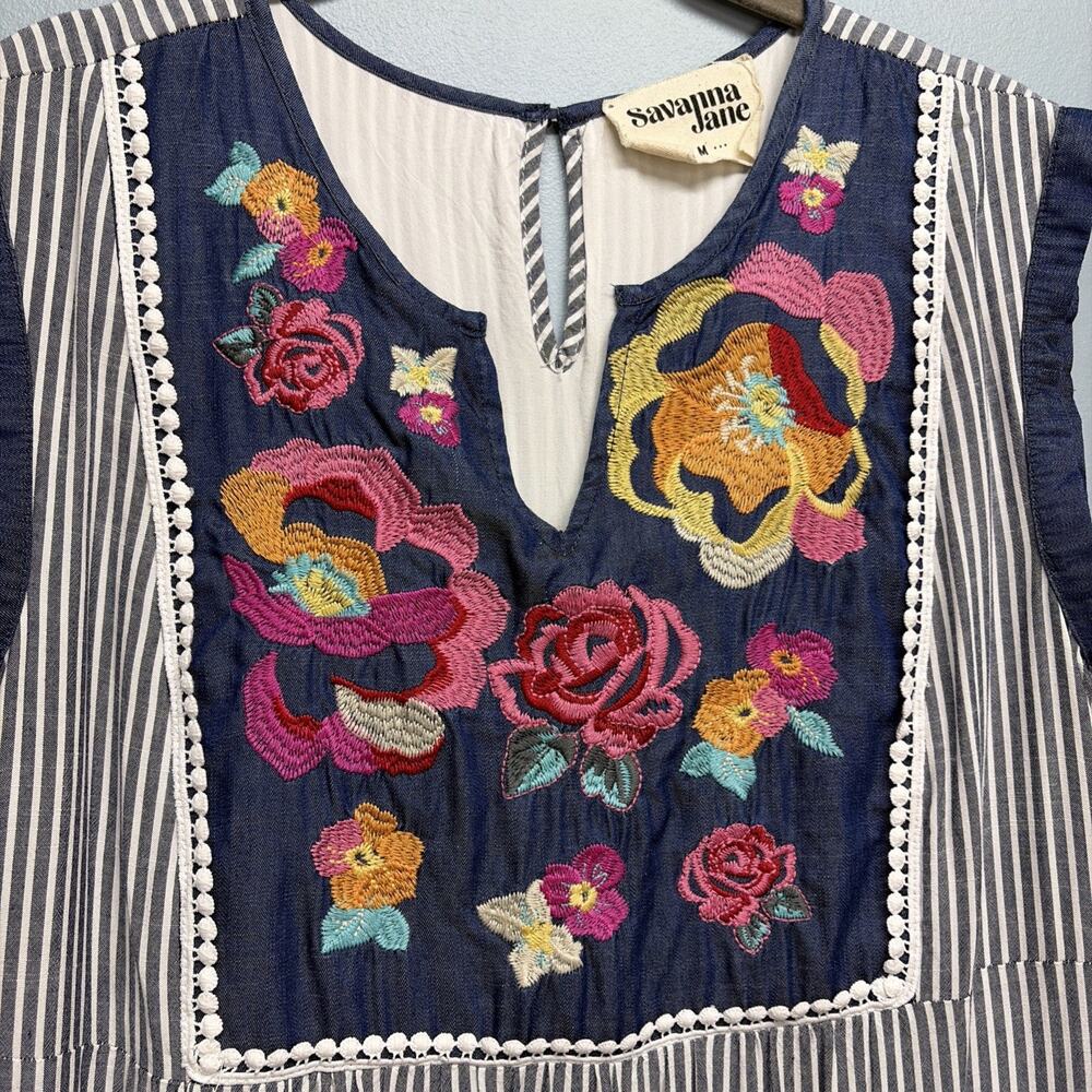 Savanna Jane Stripe Floral Embroidered Mini Dress Size Medium - Sleeveless Boho - Picture 3 of 6